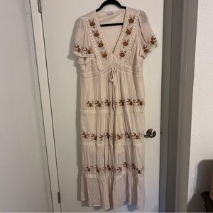 Baltic Born Tiered Midi Cream Dress with Gold floral detail